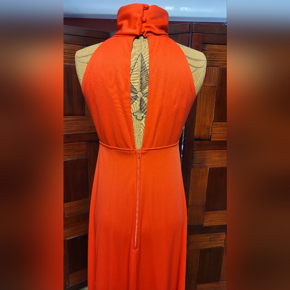 Women's Shawn Orginals Vintage Firey Orange Red Turtle Halter Maxi Dress Size 10 - Picture 10 of 15